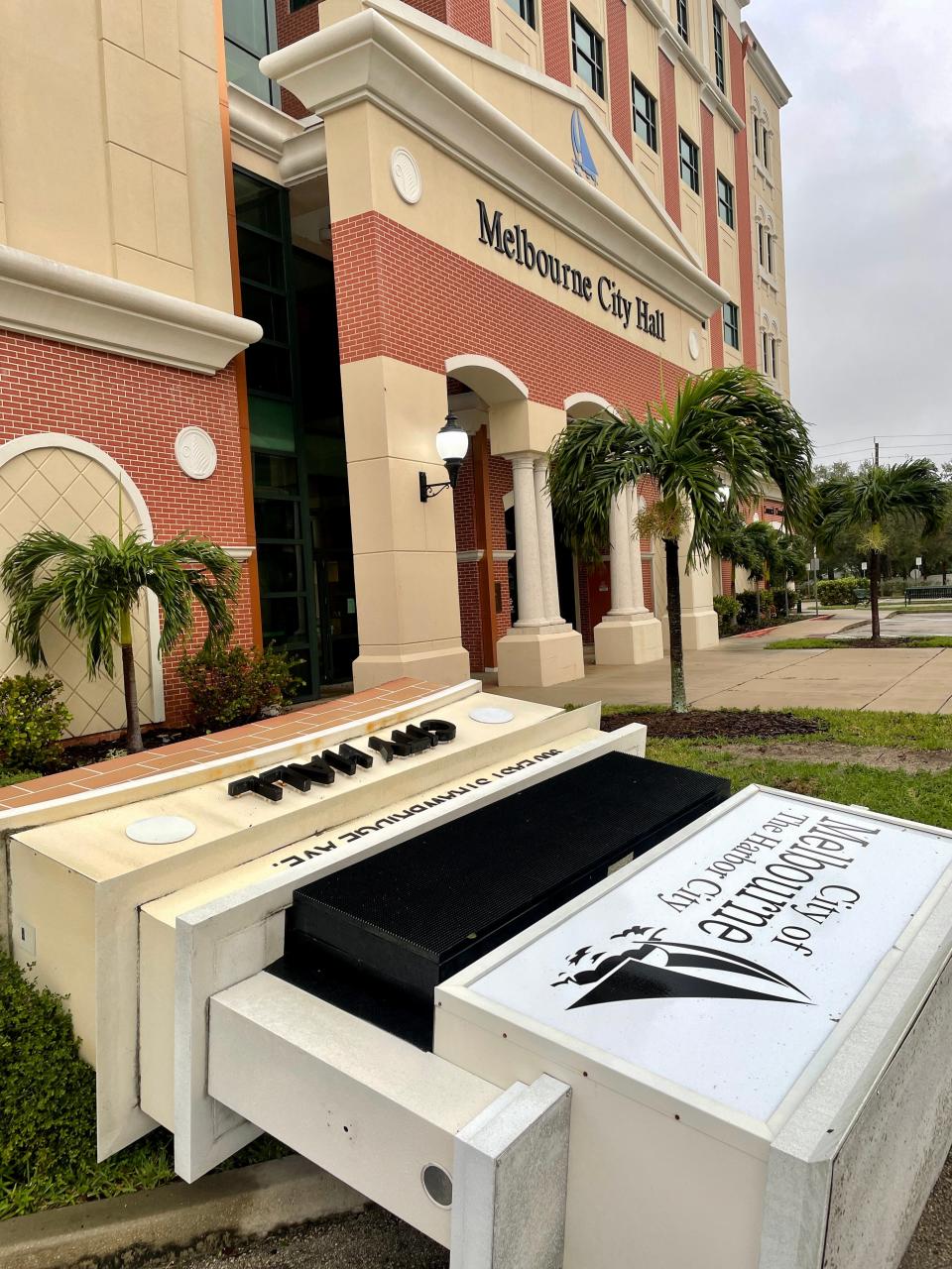 Hurricane Nicole toppled the Melbourne City Hall electronic-message monument sign facing Strawbridge Avenue.