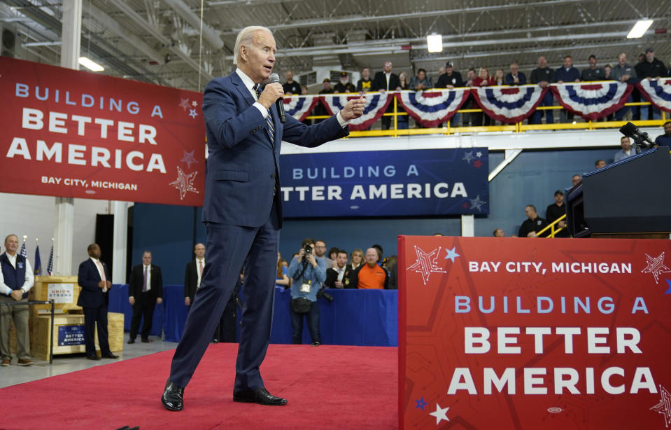 FILE - President Joe Biden speaks about manufacturing jobs and the economy at SK Siltron CSS, a computer chip factory in Bay City, Mich., Nov. 29, 2022. (AP Photo/Patrick Semansky, File)