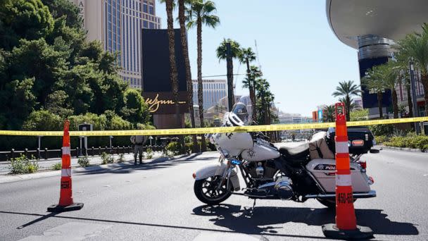 PHOTO: Police tape blocks off a road near where multiple people were stabbed in front of a Strip casino in Las Vegas, Thursday, Oct. 6, 2022. (Brian Ramos/Las Vegas Sun via AP)