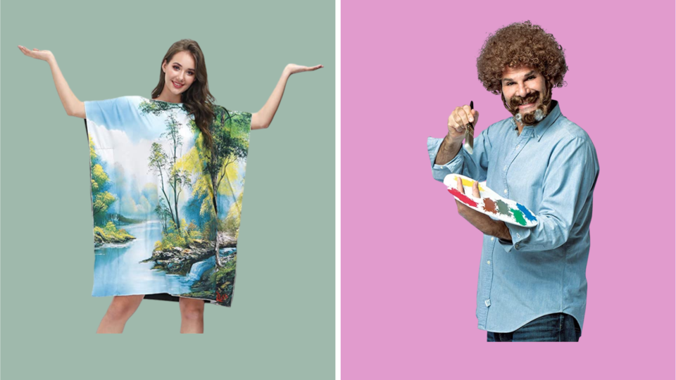 best couples costumes: Rasta Imposta Bob Ross Costume and Clarisbelle Tree Tunic Painting canvas dress