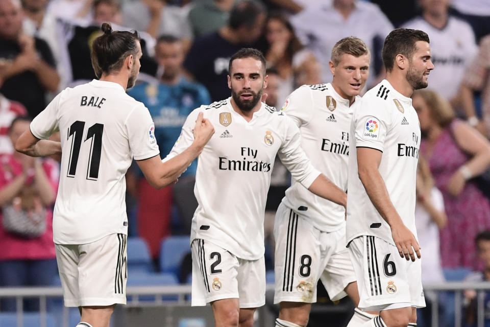 Dani Carvajal celebrates Real Madrid’s first La Liga goal of the post-Cristiano Ronaldo era. (Getty)