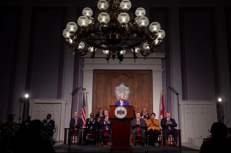 Alabama Gov. Kay Ivey delivers the State of the State address at the Alabama State Capitol in Montgomery, Ala., on Tuesday, Feb. 6, 2024.