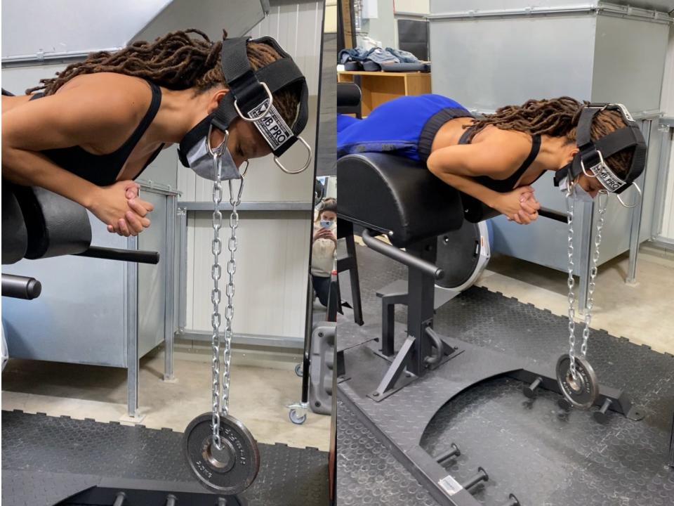 Halle Bailey training her neck.