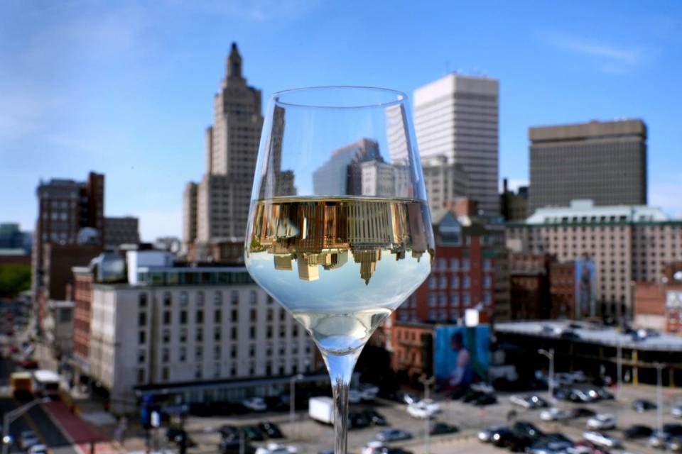 The rooftop restaurant at Aloft, Blu Violet, has a stunning outdoor space with city views of Providence.