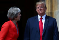 <p>Britain’s Prime Minister Theresa May poses for a photograph with President Donald Trump at Chequers near Aylesbury, Britain, July 13, 2018. (Photo: Hannah McKay/Reuters) </p>