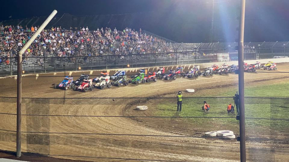 USAC Midget cars before the start of the 2022 Stoops Pursuit at the Indianapolis Motor Speedway Dirt Track