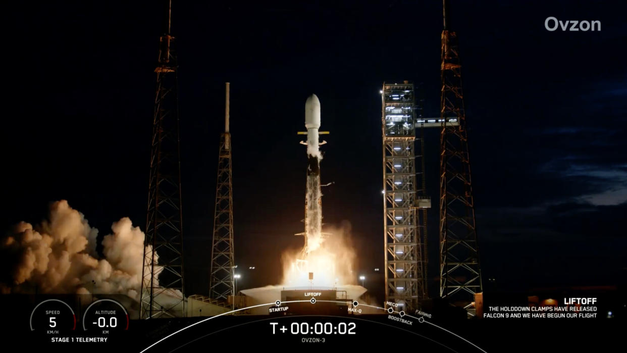  A SpaceX Falcon 9 rocket launches the Ovzon 3 satellite on Jan. 3, 2024. 