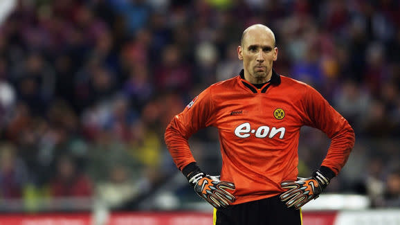 Jan Koller the striker for Borussia Dortmund as substitute goal keeper