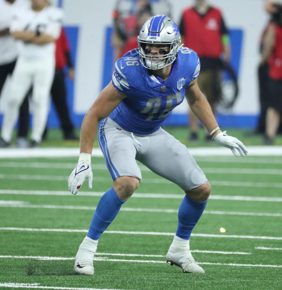 Detroit Lions linebacker Jack Campbell (46) defends against the Jacksonville Jaguars during the first half of a preseason game at Ford Field, Saturday, August 19, 2023.