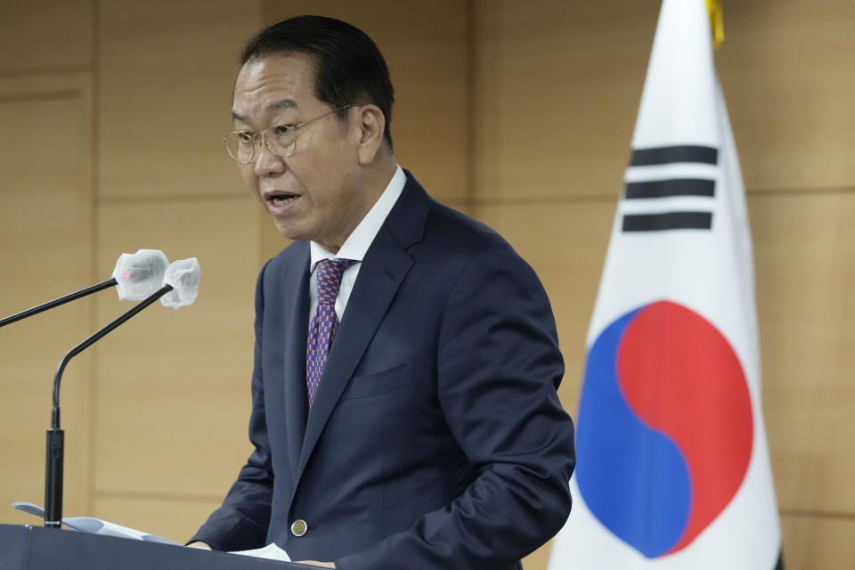 South Korean Unification Minister Kwon Youngse speaks during a press conference at the Government Complex in Seoul, South Korea, Thursday, Sept. 8, 2022. South Korea on Thursday proposed a meeting with North Korea to resume reunions of families separated by war, despite long-strained ties between the rivals over the North's nuclear weapons program. (AP Photo/Ahn Young-joon)