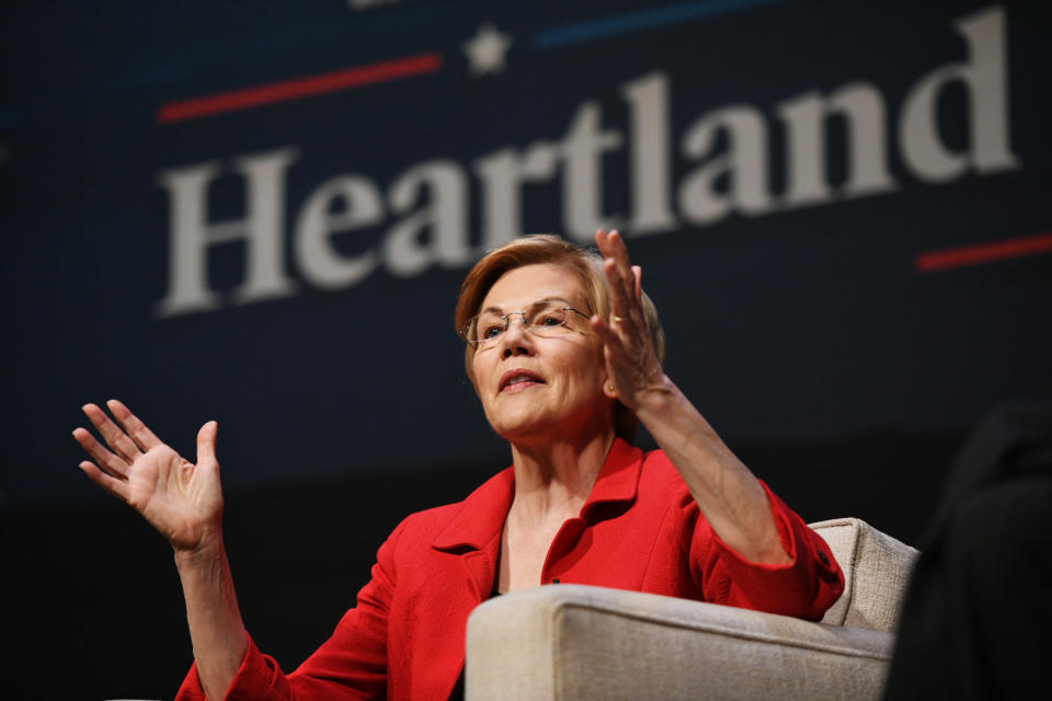 Sen. Elizabeth Warren speaks at the HuffPost Heartland Forum in Storm Lake, Iowa.