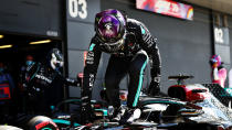 NORTHAMPTON, ENGLAND - AUGUST 01: Pole position qualifier Lewis Hamilton of Great Britain and Mercedes GP celebrates in parc ferme during qualifying for the F1 Grand Prix of Great Britain at Silverstone on August 01, 2020 in Northampton, England. (Photo by Dan Istitene - Formula 1/Formula 1 via Getty Images)