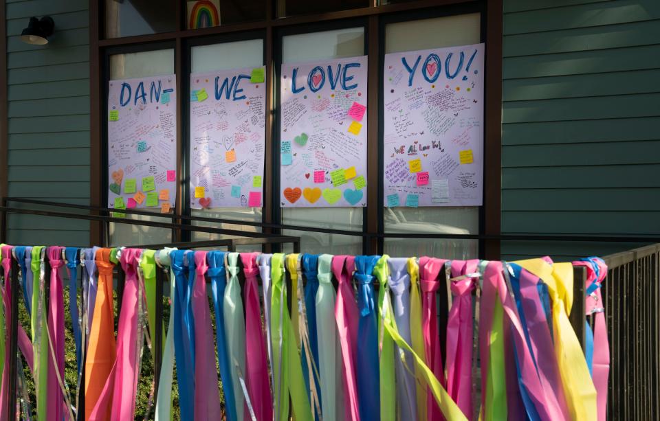 Notes of love and support are on the doors and windows of the Sweet 16th Bakery for owners Dan and Ellen Einstein  Friday, Jan. 14, 2022 in Nashville, Tenn. Dan Einstein is battling serious health problems and has recently moved to hospice care. 
