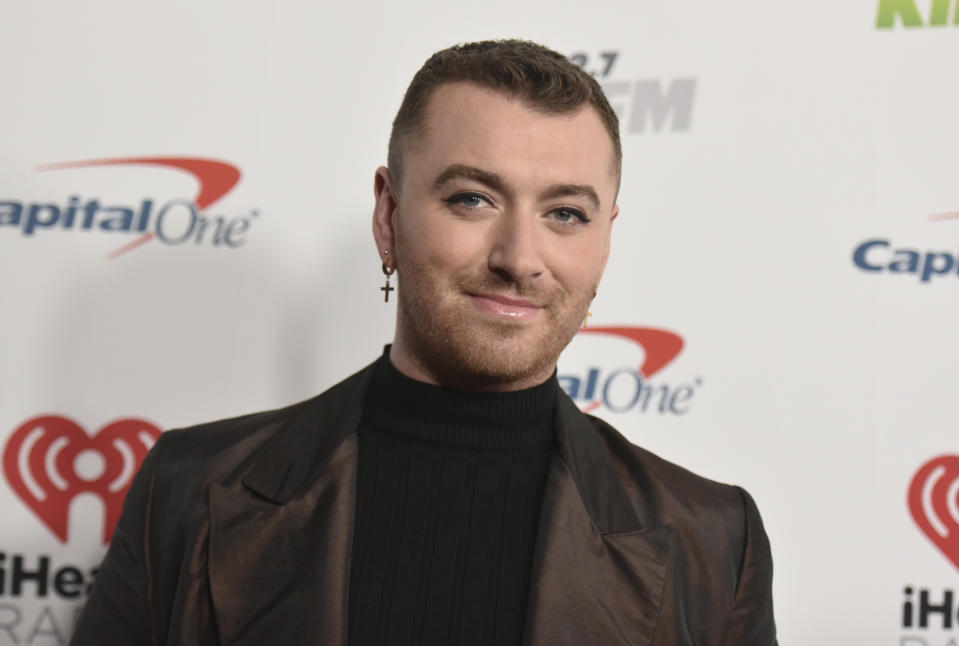 FILE - Sam Smith arrives at Jingle Ball in Inglewood, Calif., on Dec. 6, 2019. Smith received the GLAAD award for Outstanding Music Artist. (Photo by Richard Shotwell/Invision/AP, File)