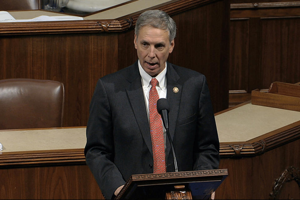 FILE - In this Dec. 18, 2019, file photo, taken from video, Rep. Tom Rice, R-S.C., speaks as the House of Representatives debates the articles of impeachment against President Donald Trump at the Capitol in Washington. Rice was one of only 10 House Republican on Wednesday, Jan. 13, 2021 to join with Democrats in voting to impeach President Trump, a stunning reversal from his position just days earlier. (House Television via AP, File)