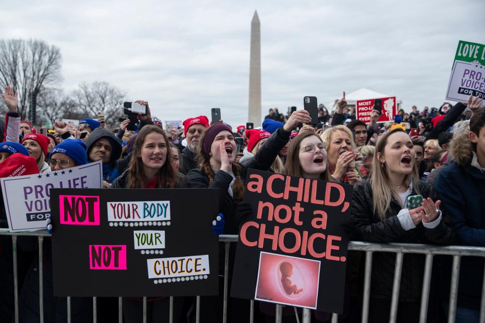 Supporters cheer as President Donald Trump speaks during the annual "March for Life" rally on the National Mall on Jan. 24, 2020, in Washington. Hundreds of people crowed the National Mall to participate in this year's rally, as well as to listen to US President Donald J. Trump speak. 