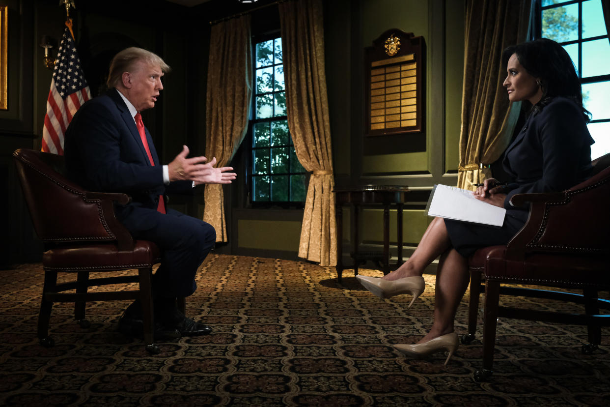 Former President Donald Trump and moderator Kristen Welker appear in a pre taped interview on 