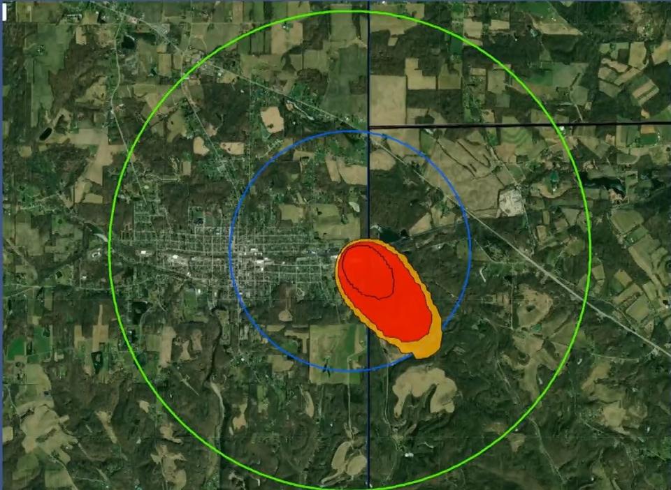 A map of the evacuation ordered following the derailment of a train containing vinyl chloride in East Palestine. Residents in the red who do not evacuate are risking death and those in the orange risk permanent lung damage if exposed to the controlled gas release planned for 3:30 p.m.