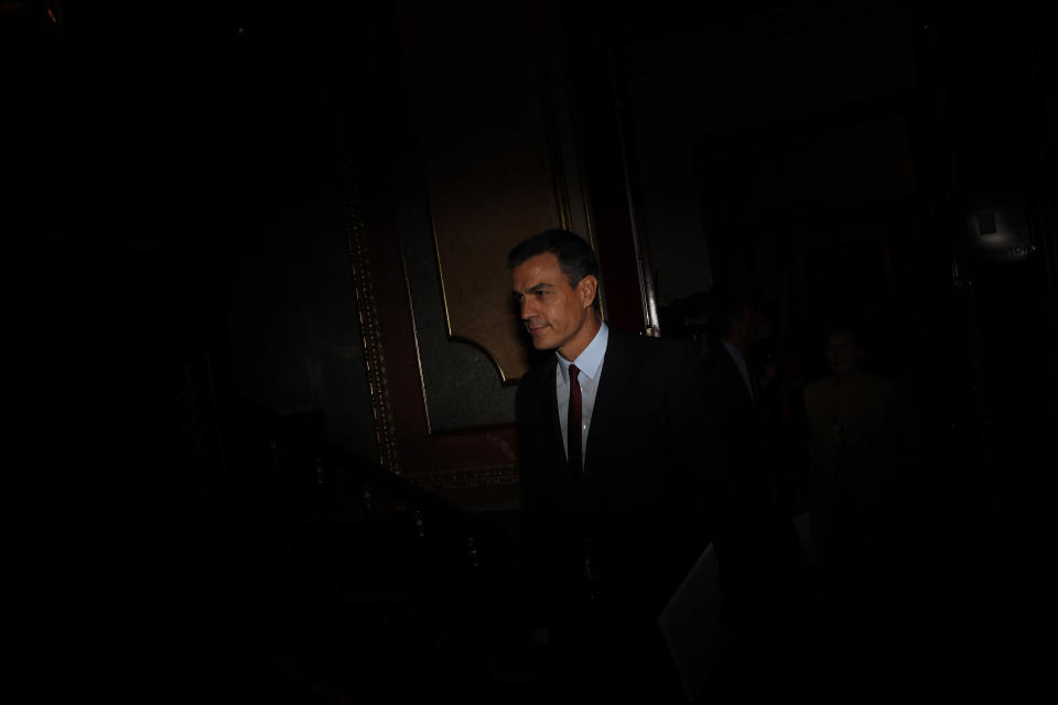 FILE - Pedro Sanchez arrives at the Spanish parliament in Madrid, Spain, July 22, 2019. Socialist Prime Minister Pedro Sanchez has left Spain in suspense on announcing he may step down because of what he called an "unprecedented" smear campaign against his wife. Sanchez, who has been in office since 2018, stunned all Wednesday April 24, 2024 by announcing that he was canceling all events until next week when he will unveil his future. (AP Photo/Bernat Armangue, File)