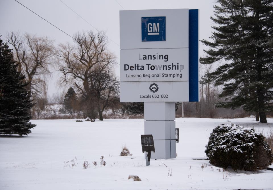 The entrance to GM's Lansing Delta Township Lansing Regional Stamping Plant, seen Monday, Jan. 24, 2022.