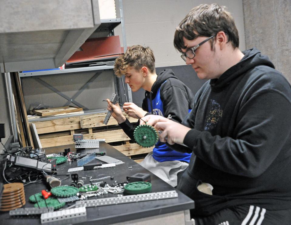 Chippewa students Stephen Laveli and Aidan Raber work on a new robotics kit recently purchased.