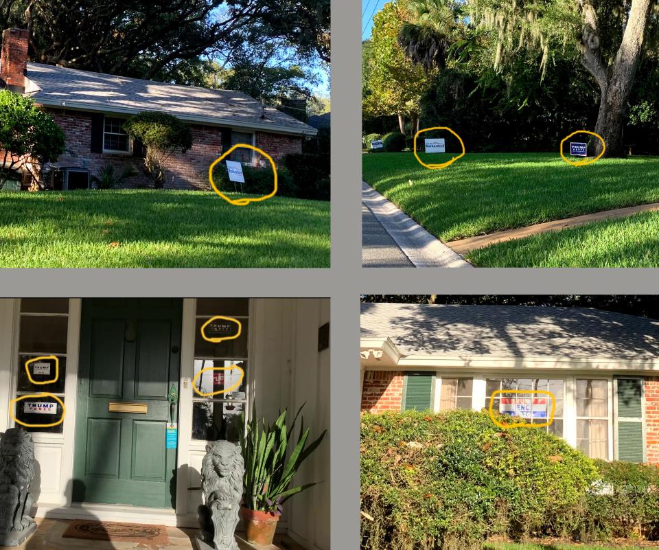 Photos of Duval County Judge Brad Shore's home showing six signs for Donald Trump and two for John Rutherford.