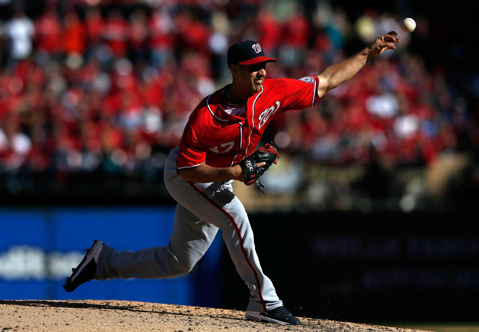 Gio Gonzalez #47 of the Washington Nationals pitches in the third inning against the St Louis Cardinals during Game One of the National League Division Series at Busch Stadium on October 7, 2012 in St Louis, Missouri. (Photo by Jamie Squire/Getty Images)