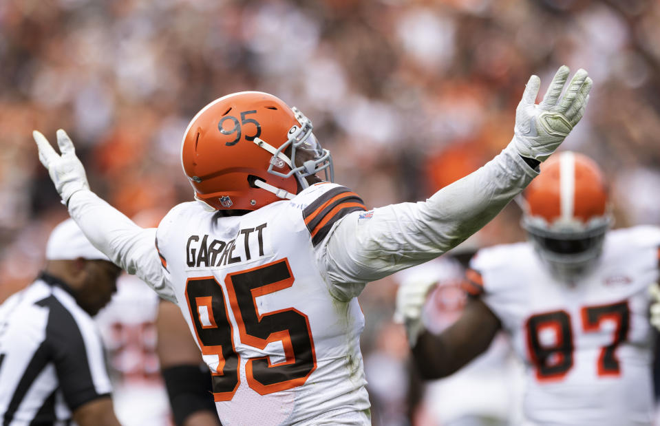 Cleveland Browns defensive end Myles Garrett leads the NFL in sacks this year. (Scott Galvin/USA TODAY Sports)