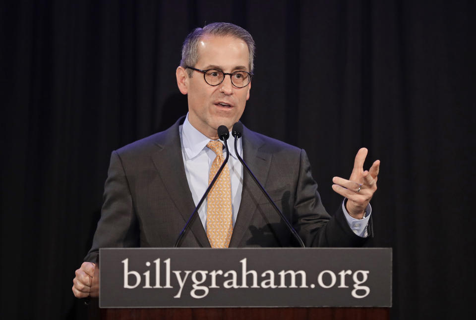 Mark DeMoss, former Liberty University board member and chief of staff to Rev. Jerry Falwell Sr., speaks to the media during a briefing after the death of Rev. Billy Graham in 2018.