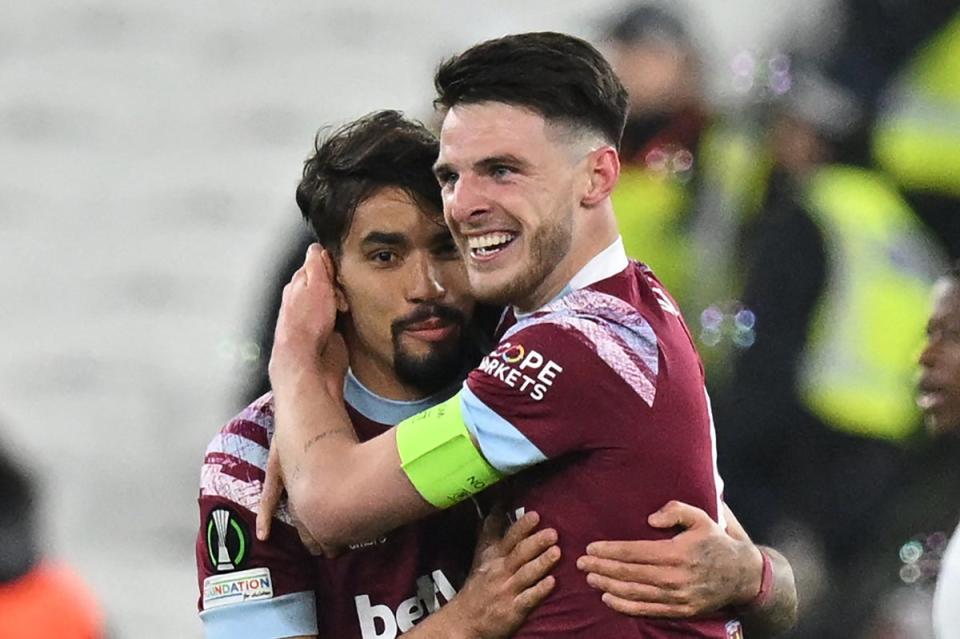 Passing on the baton: Lucas Paqueta is ready to lead West Ham’s midfield minus Declan Rice (AFP via Getty Images)