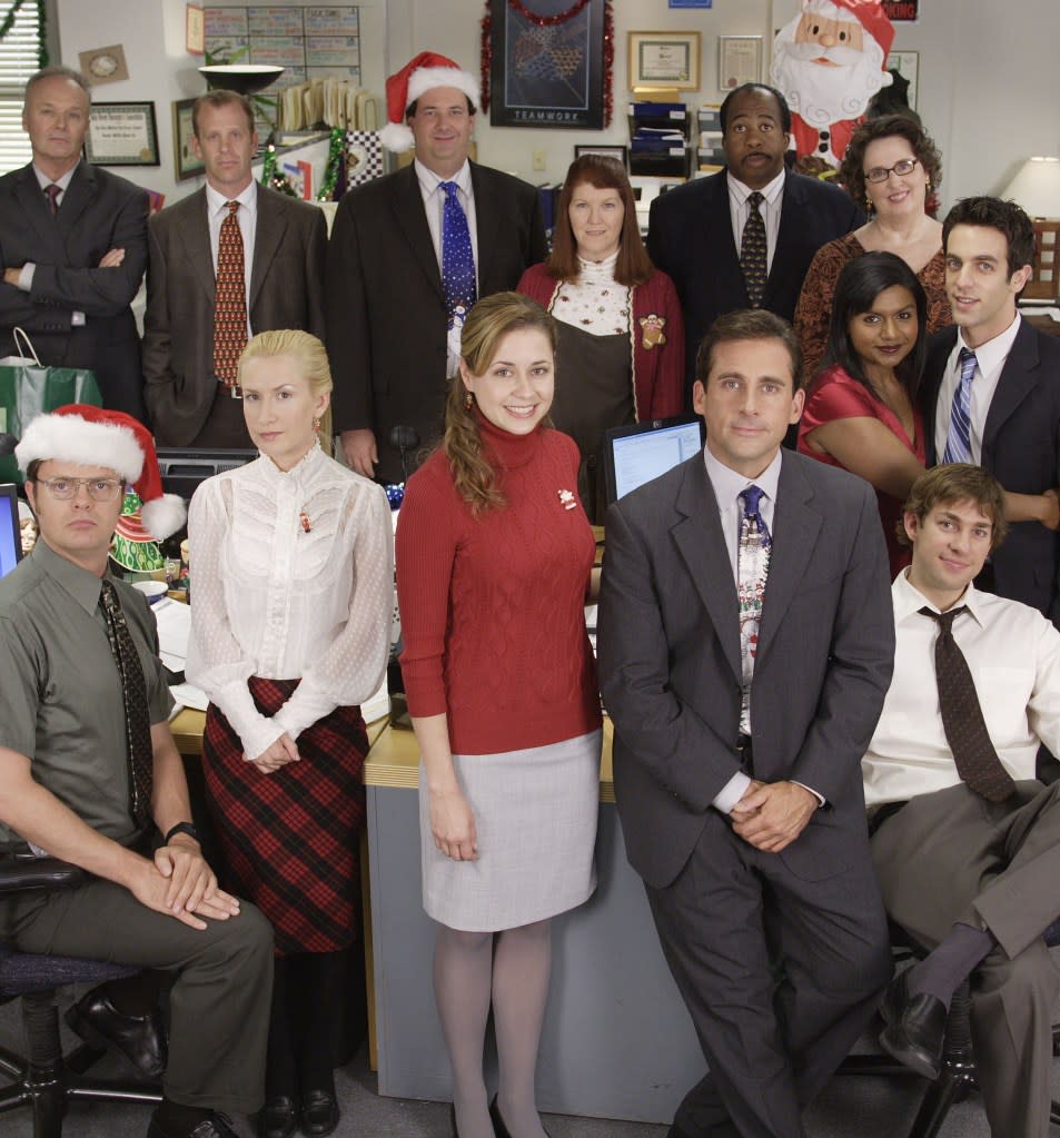 Rainn Wilson as Dwight Schrute, Angela Kinsey as Angela Martin, Jenna Fischer as Pam Beesly, Steve Carell as Michael Scott, John Krasinski as Jim Halpert, Mindy Kaling as Kelly Kapoor, B.J. Novak as Ryan Howard, Phyllis Smith as Phyllis Lapin, Leslie David Baker as Stanley Hudson, Kate Flannery as Meredith Palmer, Brian Baumgartner as Kevin Malone, Paul Lieberstein as Toby. © NBC Universal, Inc.