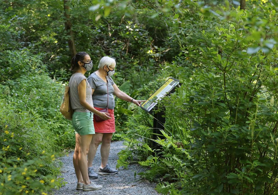 Rebecca Gordon, left, and her mom Cynthia, both of Newton, get some information on the flowers in the area as they approach the Lily Pond at Garden in the Woods in Framingham Wednesday morning, July 29, 2020.