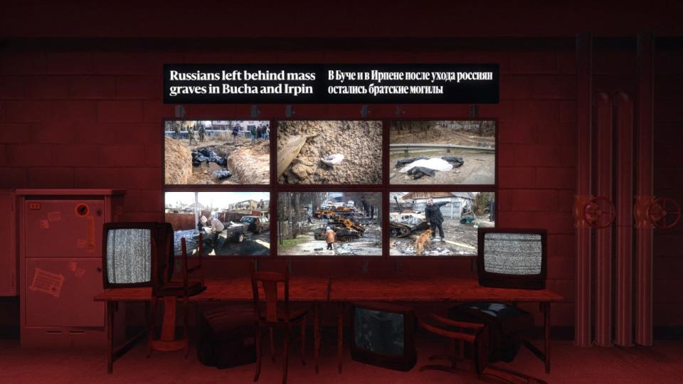《赫爾辛基日報》在第一人稱射擊遊戲《絕對武力》（CS）裡創建地圖，其中一間密室裡可以看見該報戰地記者對俄烏戰爭的報導。路透社