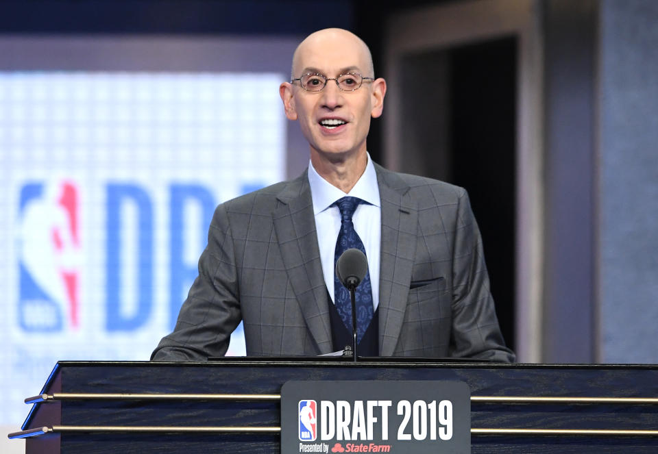 NEW YORK, NEW YORK - JUNE 20: NBA Commissioner Adam Silver speaks during the 2019 NBA Draft at the Barclays Center on June 20, 2019 in the Brooklyn borough of New York City. NOTE TO USER: User expressly acknowledges and agrees that, by downloading and or using this photograph, User is consenting to the terms and conditions of the Getty Images License Agreement. (Photo by Sarah Stier/Getty Images)