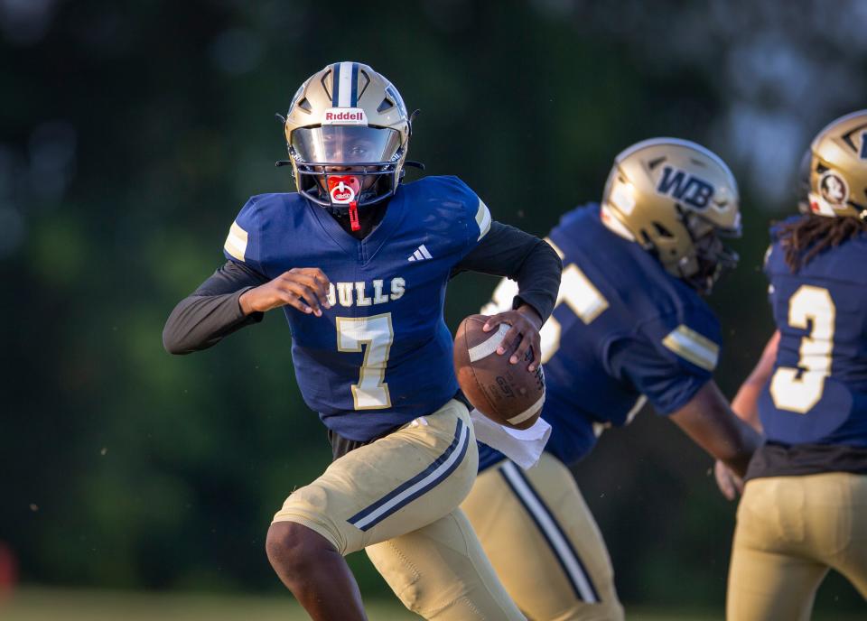 West Boca Raton quarterback Mason Mallorylooks for a reciever against St. Andrews in West Boca Raton, Florida on September 8, 2023. 