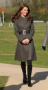 <p>Kate attended the opening of a football park in a khaki Reiss coat accessorised with a leather belt (also from Reiss). As usual, she wore knee high suede boots by Aquatalia. </p><p><i>[Photo: PA]</i></p>