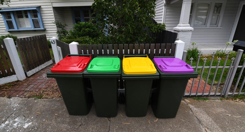 General view of the current and planned waste bins outside a property in Spotswood, Melbourne, Monday, February 24, 2020. Source: AAP