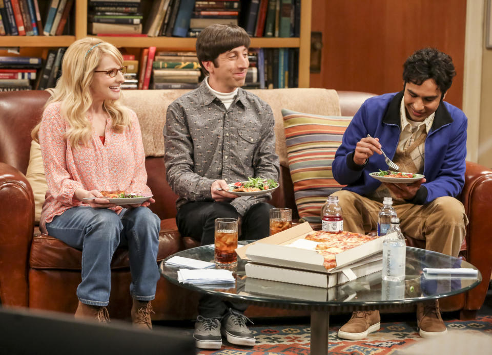 This photo provided by CBS shows Bernadette (Melissa Rauch), Howard Wolowitz (Simon Helberg) and Rajesh Koothrappali (Kunal Nayyar) in a scene from "The Big Bang Theory," which airs Thursday, Jan. 17, 2019, (8:00-8:31 PM, ET/PT) on the CBS Television Network. (Michael Yarish/Warner Bros. Entertainment Inc./CBS via AP)