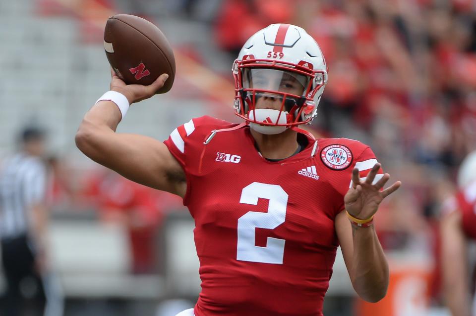 LINCOLN, NE - SEPTEMBER 08: Quarterback Adrian Martinez #2 of the Nebraska Cornhuskers warms up before the game against the Colorado Buffaloes at Memorial Stadium on September 8, 2018 in Lincoln, Nebraska. (Photo by Steven Branscombe/Getty Images)