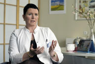 Joerdis Frommhold, head doctor of the 'MEDIAN Clinic Heiligendamm', speaks during an interview with the Associated Press in Heiligendamm, northern Germany, Wednesday, April 14, 2021. The MEDIAN Clinic, specialized on lung diseases, treats COVID-19 long time patients from all over Germany. (AP Photo/Michael Sohn)