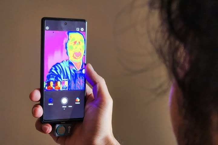 Selfie using Infiniray P2Pro infrared thermal imaging camera attached to a Google Pixel 6a.