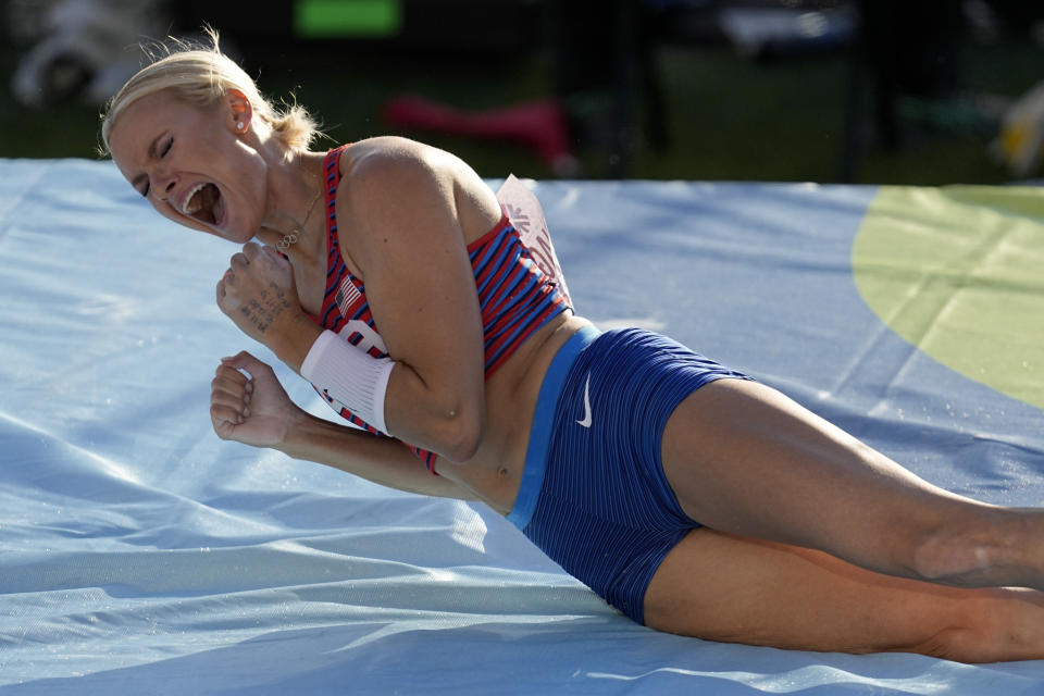 Katie Nageotte, of the United States, reacts during the women's pole vault final at the World Athletics Championships on Sunday, July 17, 2022, in Eugene, Ore. (AP Photo/Gregory Bull)