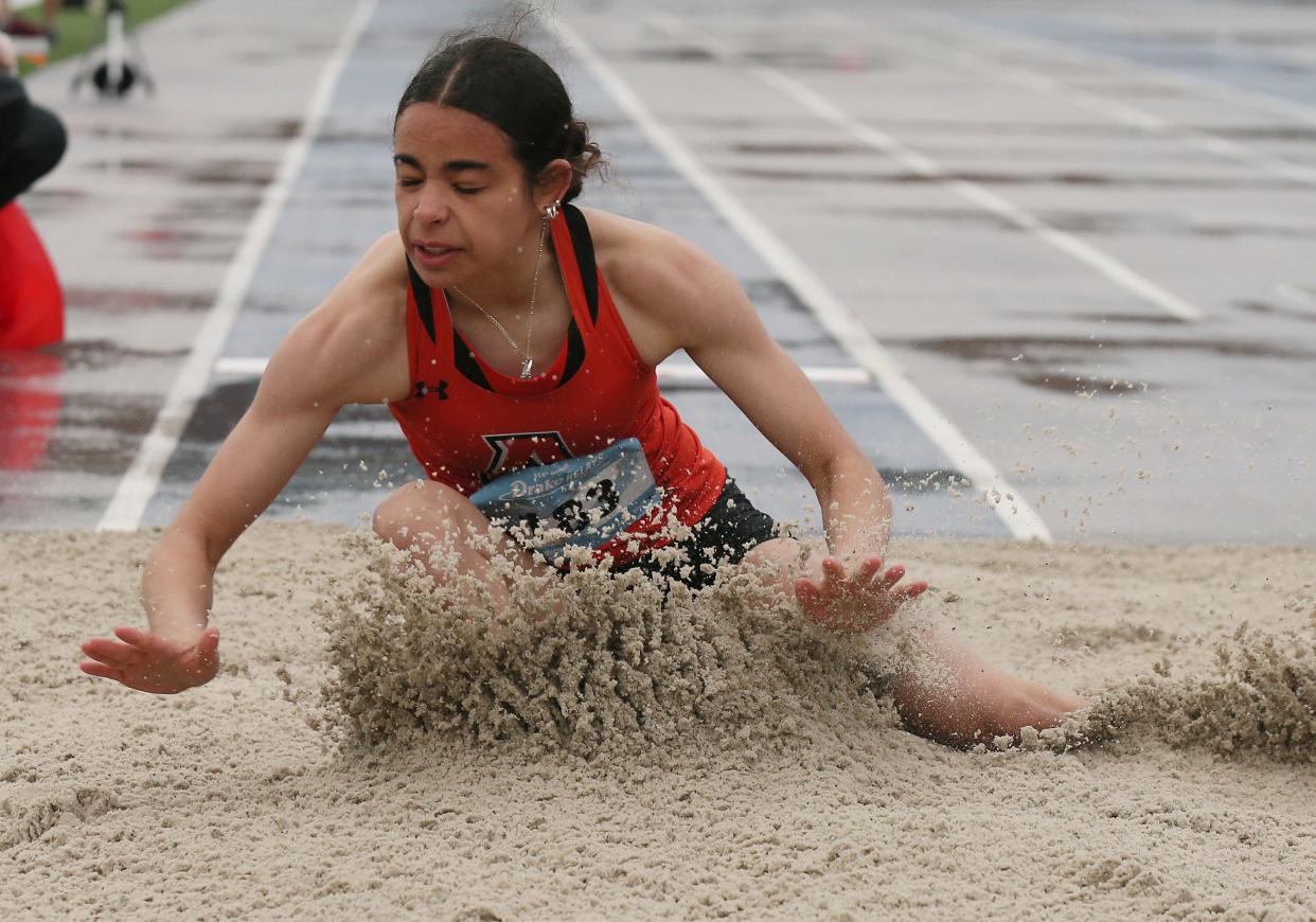 Ames Sophia Hatcher lands during high school girls high jump In the Drake Relay on Friday, April 26, 2024, in Des Moines, Iowa.