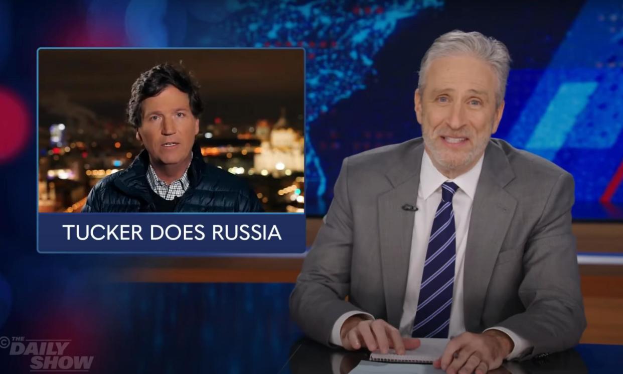 <span>Jon Stewart on Carlson’s fealty to Putin’s Russia: ‘They think the battle is “woke” versus “unwoke”. And in that fight, Putin is an ally to the right. He’s their friend.’</span><span>Photograph: YouTube</span>
