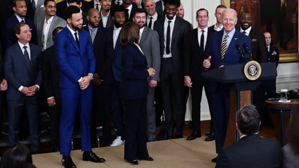 PHOTO: US President Joe Biden ans Vice President Kamala Harris host the 2022 NBA Champions, the Golden State Warriors, in the East Room of the White House in Washington, DC, Jan. 17, 2023. (Andrew Caballero-reynolds/AFP via Getty Images)