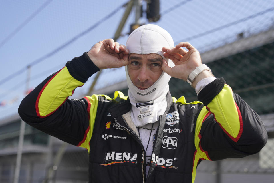 Simon Pagenaud, of France, prepares to drive during a practice session for the Indianapolis 500 auto race at Indianapolis Motor Speedway, Thursday, Aug. 13, 2020, in Indianapolis. (AP Photo/Darron Cummings)