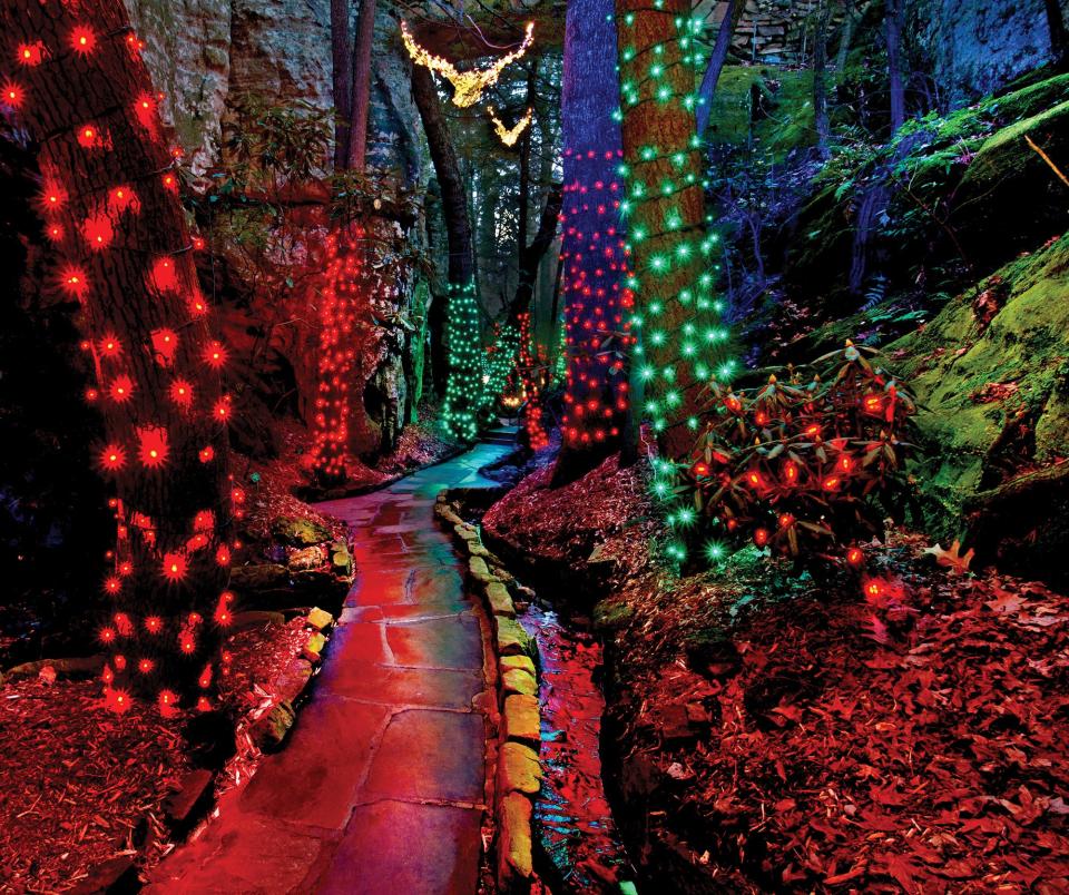 Thousands of lights glow along the trails throughout Rock City’s Enchanted Garden of Lights during the holidays.