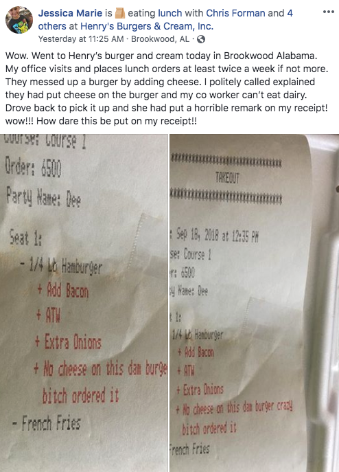 A Facebook post showing the insulting receipt from a fast-food restaurant. (Photo: Jessica Marie via Facebook)