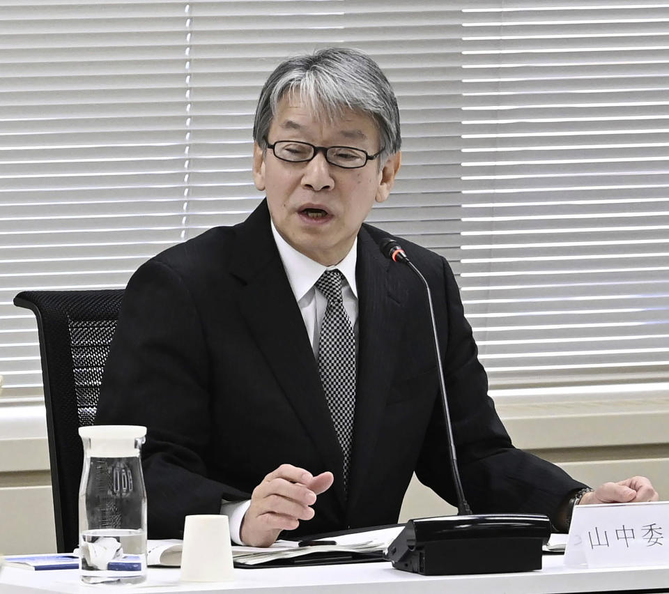 Japan's Nuclear Regulation Authority Chairman Shinsuke Yamanaka attends a meeting in Tokyo Wednesday, Dec. 27, 2023. Japanese nuclear safety regulators lifted an operational ban Wednesday, Dec. 27, 2023, imposed on Tokyo Electric Power Company Holdings, also known as TEPCO, the operator behind the Fukushima plant that ended in disaster, allowing the company to resume preparations for restarting the Kashiwazaki-Kariwa, a separate plant, after a 12-year stoppage. (Kyodo News via AP)