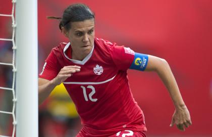 Canada&#39;s Christine Sinclair celebrates her goal against England during the first half of a quarterfinal of the Women&#39;s World Cup soccer tournament, Saturday, June 27, 2015, in Vancouver, British Columbia, Canada. (Jonathan Hayward/The Canadian Press via AP